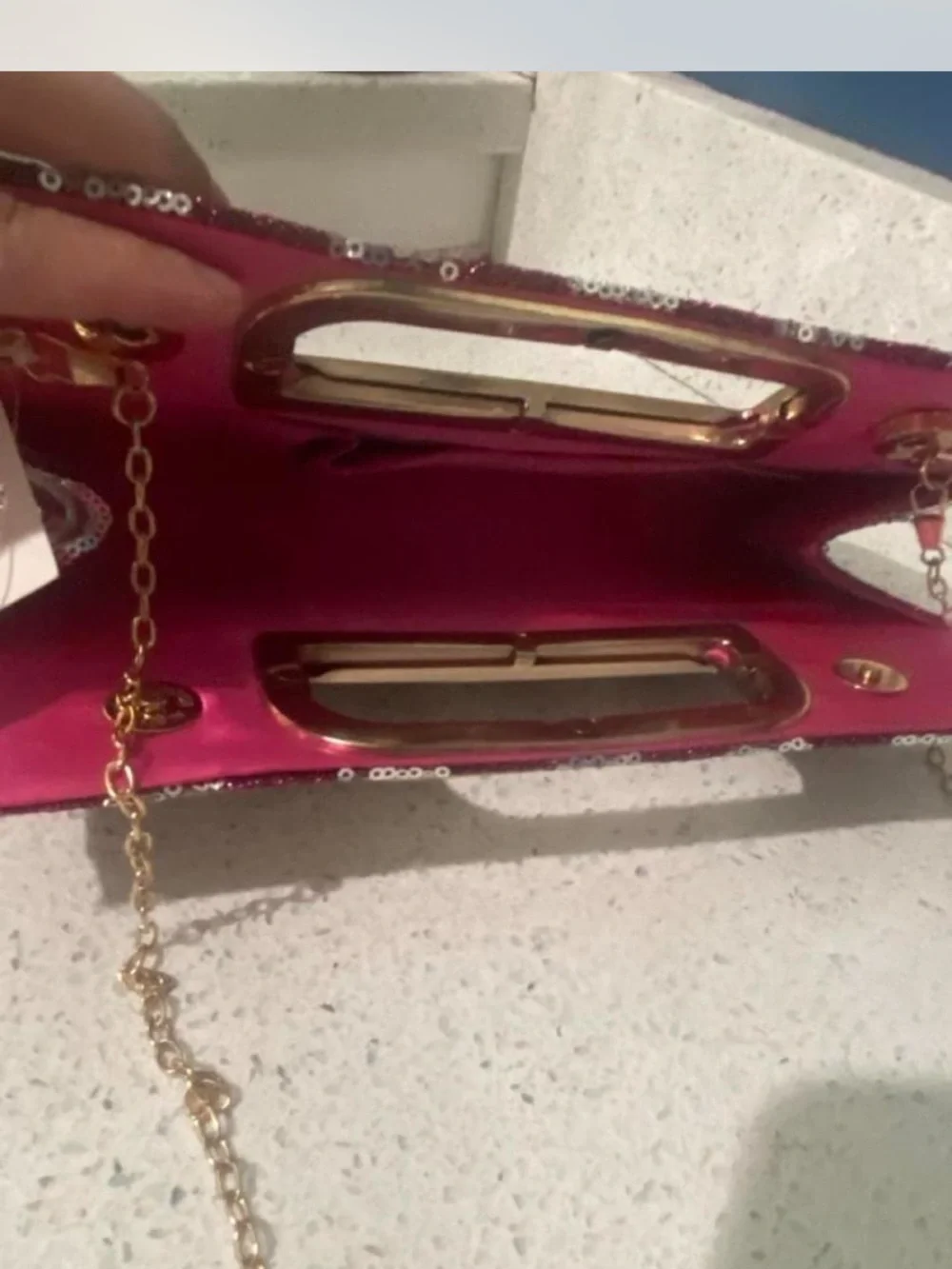 Striped Sequin Evening Clutch in Burgundy and Silver with Gold Handle